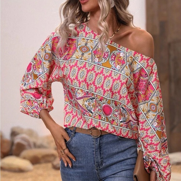 Boho Floral Paisley Print Boat Neck King Sleeve Top Blouse Shirt - Picture 4 of 6